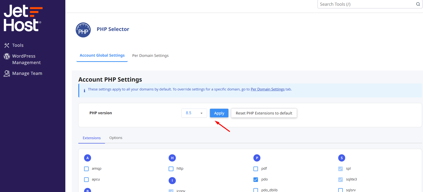 Смяна на версията на PHP в PHP Selector в JetHost
